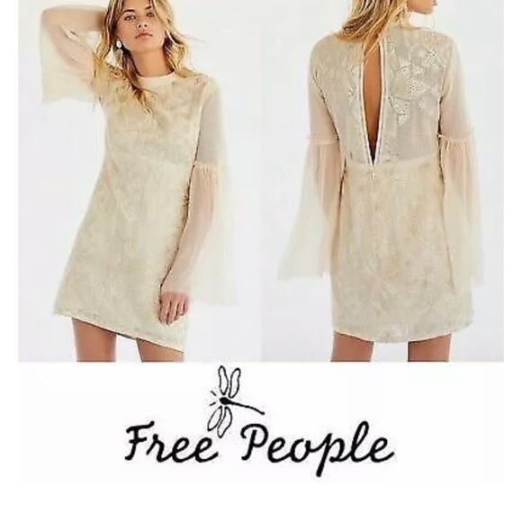 Free People Cleo ivory Embroidered Mini Dress w/ bell sheer sleeves 12 - Picture 10 of 12